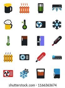 Color and black flat icon set - thermometer vector, heater, air conditioner, fridge, drink, beer, snowflake