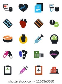 Color and black flat icon set - heart pulse vector, diagnosis, syringe, blood pressure, pills, blister, tomography, real, clipboard, hospital