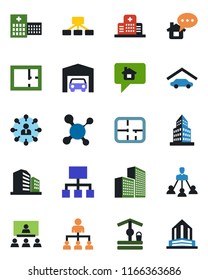 Color and black flat icon set - hierarchy vector, well, molecule, hospital, office building, garage, plan, home message