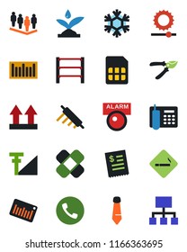 Color and black flat icon set - phone vector, smoking place, team, tie, pruner, patch, up side sign, barcode, rack, sim, brightness, cellular signal, office, restaurant receipt, rolling pin