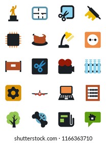 Color and black flat icon set - fence vector, plane, pedestal, notebook pc, tree, broken bone, news, video camera, settings, cut, abacus, desk lamp, plan, chicken, rolling pin, chip, socket