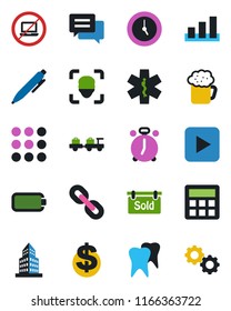 Color and black flat icon set - alarm clock vector, no laptop, baggage larry, dollar sign, pen, ambulance star, tooth, sorting, chain, play button, menu, message, calculator, face id, battery, beer