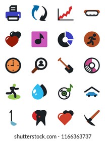 Color and black flat icon set - job vector, circle chart, printer, water drop, heart, run, caries, update, music, clock, garage, hot dog, ladle, consumer search, growth graph, hard work