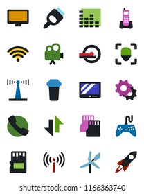 Color and black flat icon set - antenna vector, tomography, office phone, gamepad, equalizer, tv, video camera, monitor, hdmi, call, settings, sd, data exchange, face id, wireless, water filter