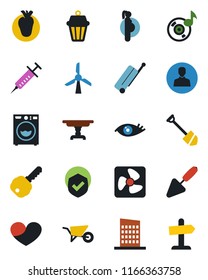 Color and black flat icon set - suitcase vector, job, trowel, wheelbarrow, syringe, real heart, eye, pregnancy, shield, user, music, key, table, washer, city house, fan, outdoor lamp, windmill