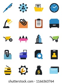 Color and black flat icon set - hierarchy vector, money bag, meeting, wheelbarrow, root setup, clipboard, clock, paper clip, office building, document folder, search, identity card, desk lamp, pen