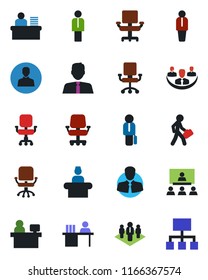 Color and black flat icon set - reception vector, manager, office chair, place, client, user, company, desk, hierarchy, estate agent