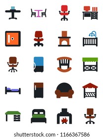 Color and black flat icon set - cafe vector, bed, checkroom, office chair, desk, fireplace, bedroom, children room, cushioned furniture, restaurant table, alcove, fridge