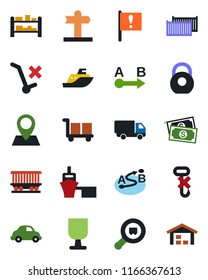 Color and black flat icon set - signpost vector, pin, railroad, important flag, cash, sea shipping, cargo container, car delivery, port, fragile, no trolley, hook, heavy, search, route, rack