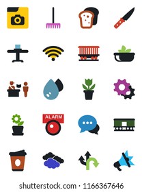 Color and black flat icon set - passport control vector, clouds, coffee, flower in pot, rake, route, railroad, dialog, settings, photo gallery, wireless, restaurant table, salad, bread, knife, water
