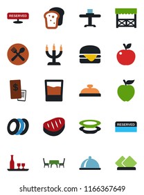 Color and black flat icon set - dish vector, alcohol, restaurant table, cafe, reserved, reception, drink, plates, bread, candle, alcove, receipt, steak, hamburger, apple fruit, serviette