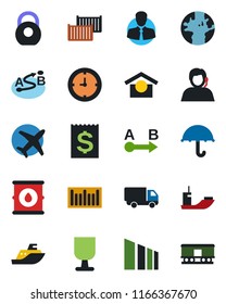 Color and black flat icon set - earth vector, plane, support, client, sea shipping, cargo container, car delivery, clock, receipt, fragile, umbrella, warehouse storage, sorting, heavy, oil barrel