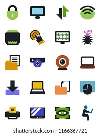 Color and black flat icon set - lock vector, mouse, monitor pulse, virus, folder document, tv, touch screen, laptop pc, hdmi, data exchange, download, wireless, printer, notebook, web camera