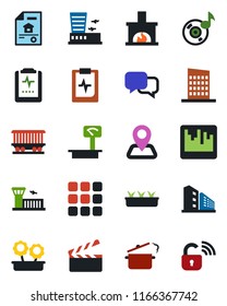 Color and black flat icon set - airport building vector, seedling, pulse clipboard, navigation, railroad, heavy scales, clapboard, dialog, menu, scanner, music, estate document, office, fireplace