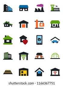 Color and black flat icon set - airport building vector, factory, greenhouse, store, warehouse storage, house, with garage, office, sweet home, crane, cafe, control app, warm floor, gate