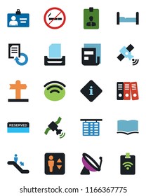 Color and black flat icon set - satellite antenna vector, elevator, escalator, no smoking, flight table, identity card, book, document reload, signpost, wireless, news, paper binder, tray, bedroom