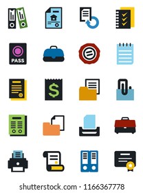 Color and black flat icon set - passport vector, office binder, notepad, document reload, stamp, contract, receipt, folder, case, paper clip, checklist, printer, tray, estate, certificate