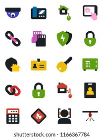 Color and black flat icon set - identity vector, safe, flammable, chain, protect, sd, lock, face id, card, key, home control, intercome, app, combination, surveillance, sprinkler