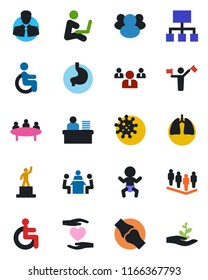 Color and black flat icon set - dispatcher vector, baby, pedestal, team, meeting, disabled, heart hand, stomach, lungs, joint, virus, client, group, manager desk, hierarchy, man with notebook