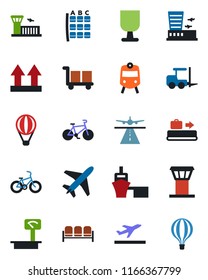 Color and black flat icon set - plane vector, airport tower, runway, departure, baggage conveyor, train, waiting area, fork loader, seat map, building, bike, sea port, fragile, cargo, up side sign
