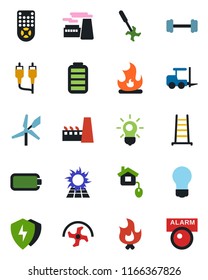 Color and black flat icon set - fork loader vector, bulb, factory, ripper, ladder, fire, barbell, remote control, battery, rca, protect, home, sun panel, windmill, alarm led