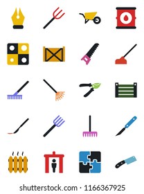 Color and black flat icon set - security gate vector, farm fork, rake, wheelbarrow, pruner, saw, hoe, scalpel, container, oil barrel, application, ink pen, heater, knife