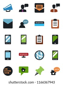 Color and black flat icon set - mobile phone vector, speaking man, loudspeaker, network, cell, speaker, paper pin, mail, clipboard, reserved, home message