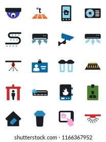 Color and black flat icon set - security gate vector, identity card, drip irrigation, air conditioner, smart home, water heater, control app, filter, warm floor, surveillance, sprinkler