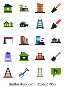 Color and black flat icon set - barrier vector, border cone, airport building, office, trowel, shovel, ladder, house, hospital, with garage, tree, city, home message