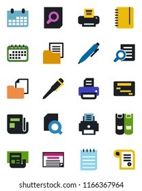 Color and black flat icon set - book vector, document search, pen, notepad, calendar, printer, folder, news, schedule, contract