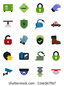 Color and black flat icon set - smoking place vector, alarm car, safe, glove, boot, hose, traffic light, shield, protect, lock, intercome, home, surveillance, sprinkler