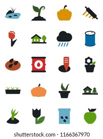 Color and black flat icon set - flower in pot vector, seedling, sproute, rain, plant label, pumpkin, seeds, tulip, oil barrel, house with tree, pond, rolling pin, apple fruit