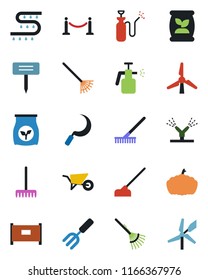 Color and black flat icon set - fence vector, garden fork, rake, wheelbarrow, hoe, sickle, plant label, pumpkin, sprayer, fertilizer, drip irrigation, windmill