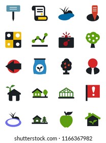 Color and black flat icon set - bomb in case vector, left arrow, contract, plant label, greenhouse, pond, fertilizer, important flag, application, point graph, house with tree, fruit, estate agent