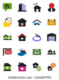 Color and black flat icon set - office building vector, house, pond, with tree, garage, estate document, sale, rent, agent, smart home, insurance, eco, message
