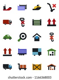 Color and black flat icon set - sea shipping vector, truck trailer, cargo container, car delivery, consolidated, warehouse storage, up side sign, no trolley, hook, search