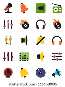 Color and black flat icon set - vinyl vector, flame disk, microphone, radio, speaker, settings, equalizer, headphones, rewind, rca, tuning, bell, mute, sound, advertising