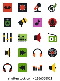 Color and black flat icon set - vinyl vector, microphone, radio, speaker, settings, equalizer, headphones, fast forward, rewind, record, music, sound