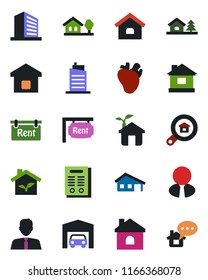 Color and black flat icon set - office building vector, house, real heart, contract, with garage, tree, rent, estate search, agent, smart home, city, eco, message