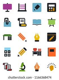 Color and black flat icon set - contract vector, book, calculator, desk, presentation board, pencil, microscope, notes, copybook, paper clip, abacus, ink pen, shining head