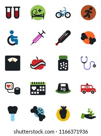 Color and black flat icon set - stethoscope vector, syringe, blood pressure, test vial, thermometer, scales, pills bottle, ambulance car, bike, run, hospital bed, disabled, real heart, implant, diet