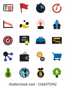 Color and black flat icon set - stopwatch vector, target, arrow up graph, gear, shining head, wallet, money bag, clock, earth, crisis, investment, cart, flag, case, schedule, social media, tree