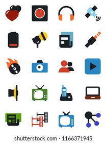 Color and black flat icon set - camera vector, film frame, flame disk, microphone, satellite, speaker, tv, headphones, laptop pc, radio phone, group, heart, low battery, play button, jack connector