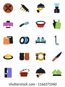 Color and black flat icon set - fridge vector, cook, restaurant table, serviette, cafe, plates, waiter, salt and pepper, ladle, bowl, rolling pin, cutting board, knife, steaming pan