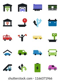 Color and black flat icon set - dispatcher vector, airport bus, ladder car, ambulance, route, truck trailer, delivery, heavy scales, railroad, garage, gate control, battery