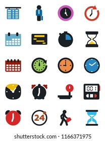 Color and black flat icon set - 24 around vector, flight table, calendar, heavy scales, clock, alarm, stopwatch, manager, schedule, sand