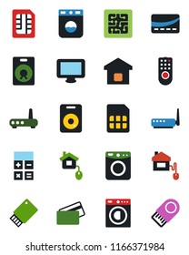 Color and black flat icon set - calculator vector, monitor, speaker, sim, washer, smart home, credit card, control, chip, remote, router, usb flash