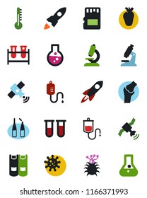 Color and black flat icon set - book vector, blood test vial, dropper, microscope, ampoule, real heart, joint, virus, satellite, sd, thermometer, rocket, flask