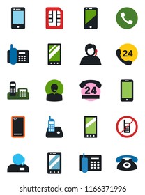Color and black flat icon set - phone vector, no mobile, office, 24 hours, support, cell, radio, back, sim