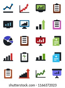 Color and black flat icon set - growth statistic vector, monitor, diagnosis, pulse clipboard, statistics, bar graph, pie, point, presentation